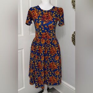 LuLaRoe Blue Orange Red Floral Fit & Flare Knee Length Dress Zip Accent Size XS